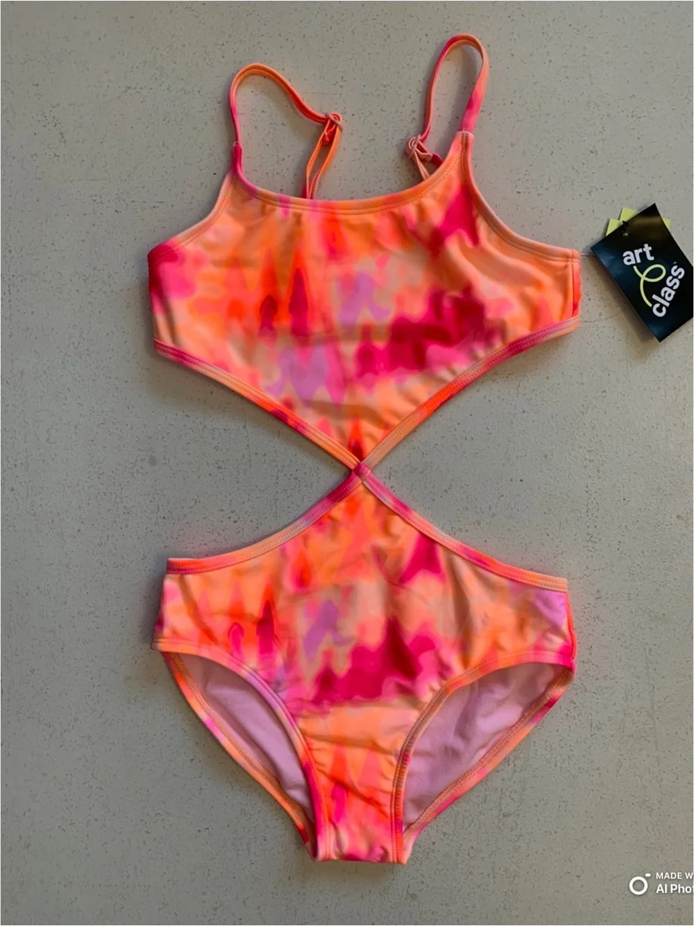 Art Class Girls Medium Neon Orange & Pink Tie Dye Cutout One Piece Swimsuit NWT
